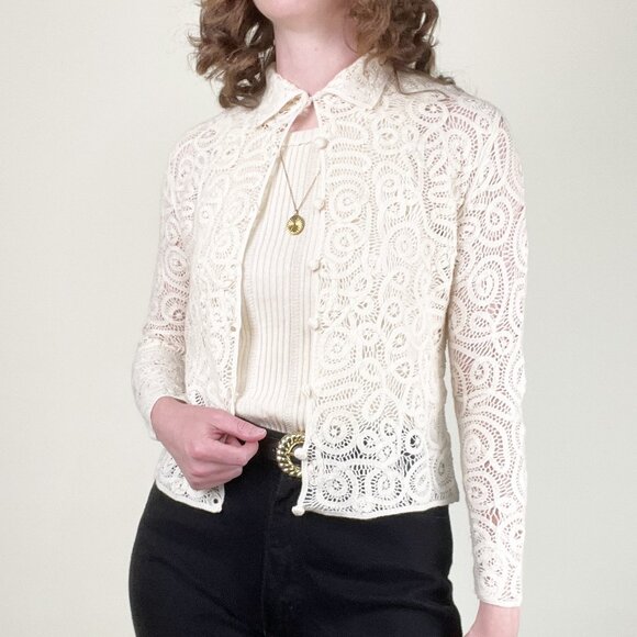 Vintage 100% Merino Wool Open Knit Lace Cardigan Sweater Quiet Luxury Old Money - Picture 7 of 12